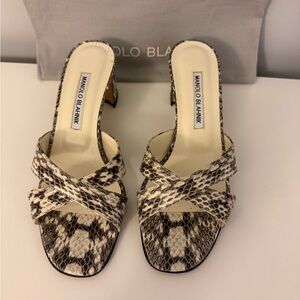 Manolo Blahnik Black and White Snakeskin Mules, Size 7.5